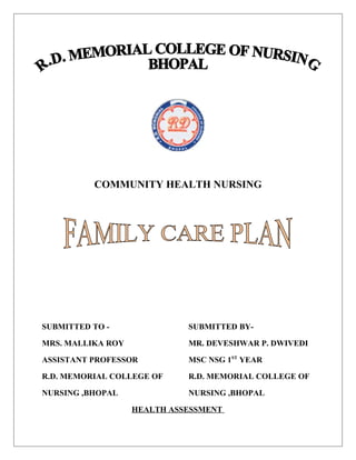 COMMUNITY HEALTH NURSING
SUBMITTED TO - SUBMITTED BY-
MRS. MALLIKA ROY MR. DEVESHWAR P. DWIVEDI
ASSISTANT PROFESSOR MSC NSG 1ST
YEAR
R.D. MEMORIAL COLLEGE OF R.D. MEMORIAL COLLEGE OF
NURSING ,BHOPAL NURSING ,BHOPAL
HEALTH ASSESSMENT
 