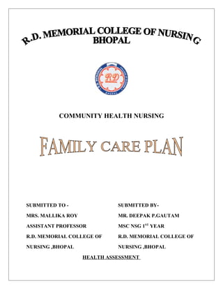 COMMUNITY HEALTH NURSING
SUBMITTED TO - SUBMITTED BY-
MRS. MALLIKA ROY MR. DEEPAK P.GAUTAM
ASSISTANT PROFESSOR MSC NSG 1ST
YEAR
R.D. MEMORIAL COLLEGE OF R.D. MEMORIAL COLLEGE OF
NURSING ,BHOPAL NURSING ,BHOPAL
HEALTH ASSESSMENT
 