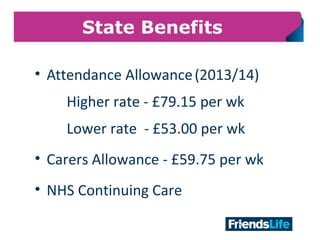 15
State Benefits
• Attendance Allowance(2013/14)
Higher rate - £79.15 per wk
Lower rate - £53.00 per wk
• Carers Allowance - £59.75 per wk
• NHS Continuing Care
 