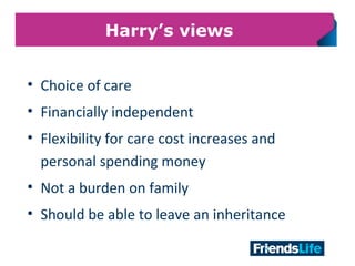 27
Harry’s views
• Choice of care
• Financially independent
• Flexibility for care cost increases and
personal spending money
• Not a burden on family
• Should be able to leave an inheritance
 