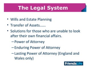 6
The Legal System
• Wills and Estate Planning
• Transfer of Assets......
• Solutions for those who are unable to look
after their own financial affairs.
–Power of Attorney
–Enduring Power of Attorney
–Lasting Power of Attorney (England and
Wales only)
 