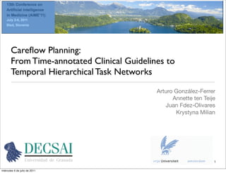 Careﬂow Planning:
       From Time-annotated Clinical Guidelines to
       Temporal Hierarchical Task Networks

                                            Arturo González-Ferrer
                                                  Annette ten Teije
                                               Juan Fdez-Olivares
                                                   Krystyna Milian




                                                                  1

miércoles 6 de julio de 2011
 