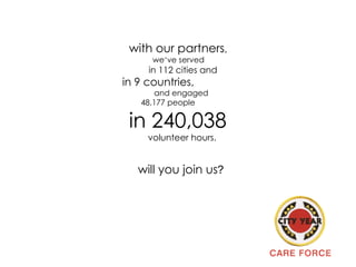 with our partners , we‘ve served  in 112 cities and   in 9 countries,   and engaged  48,177 people  in 240,038 volunteer hours.  will you join us ?   