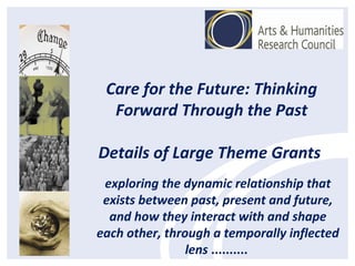 Care for the Future: Thinking
Forward Through the Past
Details of Large Theme Grants
exploring the dynamic relationship that
exists between past, present and future,
and how they interact with and shape
each other, through a temporally inflected
lens ..........
 