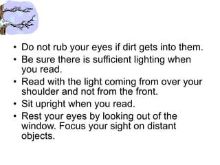 Do not rub your eyes if dirt gets into them. Be sure there is sufficient lighting when you read. Read with the light coming from over your shoulder and not from the front. Sit upright when you read. Rest your eyes by looking out of the window. Focus your sight on distant objects. 