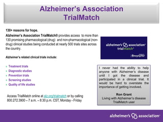 Alzheimer’s Association
TrialMatch
130+ reasons for hope.
Alzheimer’s Association TrialMatch® provides access to more than
130 promising pharmacological (drug) and non-pharmacological (non-
drug) clinical studies being conducted at nearly 500 trials sites across
the country.
Alzheimer’s related clinical trials include:
» Treatment trials
» Diagnostic studies
» Prevention trials
» Screening studies
» Quality of life studies
I never had the ability to help
anyone with Alzheimer’s disease
until I got the disease and
participated in a clinical trial. It
would be hard to overstate the
importance of getting involved.
Ron Grant
Living with Alzheimer’s disease
TrialMatch user
Access TrialMatch online at alz.org/trialmatch or by calling
800.272.3900 – 7 a.m. – 8:30 p.m. CST, Monday - Friday
 