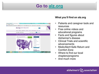 Go to alz.org
What you’ll find on alz.org
• Patients and caregiver tools and
resources
• Free online videos and
educational programs
• Facts and figures about
Alzheimer's disease
• Clinical Trials and scientific
advancements
• MedicAlert+Safe Return and
Comfort Zone
• Where to find our local
chapters/programs
• And much more
 