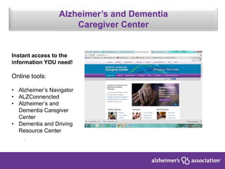 Alzheimer’s and Dementia
Caregiver Center
.
Instant access to the
information YOU need!
Online tools:
• Alzheimer’s Navigator
• ALZConnencted
• Alzheimer’s and
Dementia Caregiver
Center
• Dementia and Driving
Resource Center
 