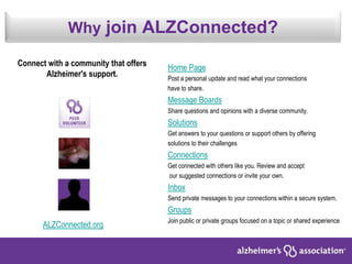 Why join ALZConnected?
Home Page
Post a personal update and read what your connections
have to share.
Message Boards
Share questions and opinions with a diverse community.
Solutions
Get answers to your questions or support others by offering
solutions to their challenges
Connections
Get connected with others like you. Review and accept
our suggested connections or invite your own.
Inbox
Send private messages to your connections within a secure system.
Groups
Join public or private groups focused on a topic or shared experience
Connect with a community that offers
Alzheimer's support.
ALZConnected.org
 