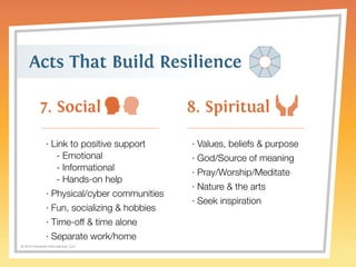 Acts That Build Resilience 
7. Social 8. Spiritual 
© 2014 Griswold International, LLC 
· Values, beliefs & purpose 
· God/Source of meaning 
· Pray/Worship/Meditate 
· Nature & the arts 
· Seek inspiration 
· Link to positive support 
- Emotional 
- Informational 
- Hands-on help 
· Physical/cyber communities 
· Fun, socializing & hobbies 
· Time-off & time alone 
· Separate work/home 
 