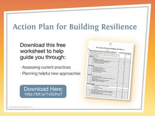 Action Plan for Building Resilience 
Download this free 
worksheet to help 
guide you through: 
· Assessing current practices 
· Planning helpful new approaches 
Download Here: 
http://bit.ly/1v5UhoT 
© 2014 Griswold International, LLC 
 
