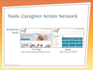 Tools: Caregiver Action Network 
http://www.caregiveraction.org/ http://bit.ly/1rth9fQ 
© 2014 Griswold International, LLC 
Front Page Toolbox 
Resilience 
Tools: 
 