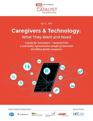i Caregivers and Technology
April 2016
Caregivers & Technology:
What They Want and Need
A guide for innovators – research from
a nationally representative sample of America’s
40 million family caregivers
Project Catalyst Founding Members Research Partner
 