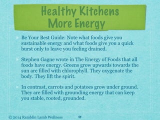 © 2014 Ramblin Lamb Wellness
Healthy Kitchens
More Energy
Be Your Best Guide: Note what foods give you
sustainable energy ...