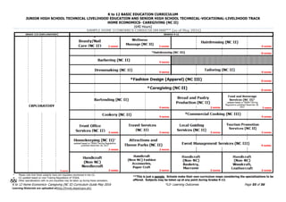 K to 12 BASIC EDUCATION CURRICULUM
JUNIOR HIGH SCHOOL TECHNICAL LIVELIHOOD EDUCATION AND SENIOR HIGH SCHOOL TECHNICAL-VOCATIONAL-LIVELIHOOD TRACK
HOME ECONOMICS- CAREGIVING (NC II)
(640 Hours)
K to 12 Home Economics- Caregiving (NC II) Curriculum Guide May 2016 *LO- Learning Outcomes Page 55 of 56
Learning Materials are uploaded athttp://lrmds.deped.gov.ph/.
* Please note that these subjects have pre-requisites mentioned in the CG.
+ CG updated based on new Training Regulations of TESDA.
Other specializations with no pre-requisites may be taken up during these semesters.
**This is just a sample. Schools make their own curriculum maps considering the specializations to be
offered. Subjects may be taken up at any point during Grades 9-12.
 