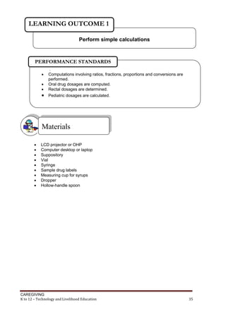 LEARNING OUTCOME 1
Perform simple calculations

PERFORMANCE STANDARDS
.







Computations involving ratios, fractions, proportions and conversions are
performed.
Oral drug dosages are computed.
Rectal dosages are determined.
Pediatric dosages are calculated.

Materials










LCD projector or OHP
Computer desktop or laptop
Suppository
Vial
Syringe
Sample drug labels
Measuring cup for syrups
Dropper
Hollow-handle spoon

CAREGIVING
K to 12 – Technology and Livelihood Education

35

 