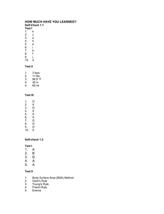 HOW MUCH HAVE YOU LEARNED?
Self-Check 1.1
Test I
1. k
2. c
3. a
4. h
5. e
6. i
7. b
8. f
9. j
10. d
Test II
1. 3 tsps
2. 11 lbs
3. 96.8 °F
4. 30 in
5. 60 ml
Test III
1. O
2. X
3. O
4. X
5. X
6. X
7. O
8. O
9. O
10. X
Self-check 1.2
Test I
1. A
2. B
3. D
4. A
5. A
Test II
1. Body Surface Area (BSA) Method
2. Clark's Rule
3. Young's Rule
4. Fried's Rule
5. Enema
 