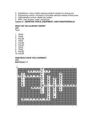 2. Substitution—Use a milder cleaning solution instead of a strong one
3. Engineering control—Provision of movable cabinets instead of fixed ones
4. Administrative control—Better job rotation
5. EPP—Use of gown, mask, and gloves
Lesson 4 – MAINTAIN TOOLS, EQUIPMENT, AND PARAPHERNALIA
WHAT DO YOU ALREADY KNOW?
LO1
Test I
1. TRUE
2. TRUE
3. FALSE
4. TRUE
5. FALSE
6. FALSE
7. TRUE
8. TRUE
9. FALSE
10. FALSE
HOW MUCH HAVE YOU LEARNED?
LO1
Self-Check 1.1
 