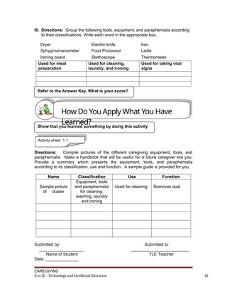 III. Directions: Group the following tools, equipment, and paraphernalia according
to their classifications. Write each word in the appropriate box.
Dryer Electric knife Iron
Sphygmomanometer Food Processor Ladle
Ironing board Stethoscope Thermometer
Used for meal
preparation
Used for cleaning,
laundry, and ironing
Used for taking vital
signs
Directions: Compile pictures of the different caregiving equipment, tools, and
paraphernalia. Make a handbook that will be useful for a future caregiver like you.
Provide a summary which presents the equipment, tools, and paraphernalia
according to its classification, use and function. A sample guide is provided for you.
Name Classification Use Function
Sample picture
of duster
Equipment, tools
and paraphernalia
for cleaning,
washing, laundry
and ironing
Used for cleaning Removes dust
Submitted by: Submitted to:
___________________ _________________________
Name of Student TLE Teacher
Date: ______________
CAREGIVING
K to 12 – Technology and Livelihood Education 16
Refer to the Answer Key. What is your score?
Show that you learned something by doing this activity
How Do You Apply What You Have
Learned?
Activity sheet 1.1
 