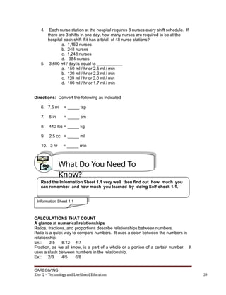 4. Each nurse station at the hospital requires 8 nurses every shift schedule. If
there are 3 shifts in one day, how many nurses are required to be at the
hospital each shift if it has a total of 48 nurse stations?
a. 1,152 nurses
b. 248 nurses
c. 1,248 nurses
d. 384 nurses
5. 3,600 ml / day is equal to ___________
a. 150 ml / hr or 2.5 ml / min
b. 120 ml / hr or 2.2 ml / min
c. 120 ml / hr or 2.0 ml / min
d. 100 ml / hr or 1.7 ml / min
Directions: Convert the following as indicated
6. 7.5 ml = _____ tsp
7. 5 in = _____ cm
8. 440 lbs = _____ kg
9. 2.5 cc = _____ ml
10. 3 hr = _____ min
CALCULATIONS THAT COUNT
A glance at numerical relationships
Ratios, fractions, and proportions describe relationships between numbers.
Ratio is a quick way to compare numbers. It uses a colon between the numbers in
relationship.
Ex.: 3:5 8:12 4:7
Fraction, as we all know, is a part of a whole or a portion of a certain number. It
uses a slash between numbers in the relationship.
Ex.: 2/3 4/5 6/8
CAREGIVING
K to 12 – Technology and Livelihood Education 39
What Do You Need To
Know?
Read the Information Sheet 1.1 very well then find out how much you
can remember and how much you learned by doing Self-check 1.1.
Information Sheet 1.1
 