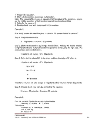 1. Prepare the equation.
2. Start with the solution by doing a multiplication.
Note: The product of the means is equivalent to the product of the extremes. Means
are the middle quantities while the extremes are the external quantities
3. Solve for the value of X.
4. Double check your work by completing the equation.
Example 1:
How many nurses will take charge of 15 patients if 6 nurses handle 30 patients?
Step 1. Prepare the equation.
X : 15 patients :: 6 nurses : 30 patients
Step 2. Start with the solution by doing a multiplication. Multiply the means (middle)
using the left side and multiply the extremes (external items) using the right side. Put
an equal sign between both sides.
15 patients x 6 nurses = X x 30 patients
Step 3: Solve for the value of X. In the given problem, the value of X refers to
15 patients x 6 nurses = X x 30 patients
90 = 30 X
90 / 30 = X
or
X = 3 nurses
Therefore, 3 nurses will take charge of 15 patients while 6 nurses handle 30 patients.
Step 4: Double check your work by completing the equation.
3 nurses : 15 patients :: 6 nurses : 30 patients
Example 2:
Find the value of X using the equation given below:
2500 mg : 10 tablets :: X : 3 tablets
To compute,
10 tablets x X = 2500 mg x 3 tablets
10 X = 7500 mg
X = 7500 / 10
CAREGIVING
K to 12 – Technology and Livelihood Education 42
 