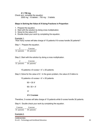 X = 750 mg
Check and complete the equation
2500 mg : 10 tablets :: 750 mg : 3 tablets
Steps in Solving the Value of X Using Fractions in Proportion
1. Prepare the equation.
2. Start with the solution by doing cross multiplication.
3. Solve for the value of X.
4. Double check your work by completing the equation.
Example 1:
How many nurses will take charge of 15 patients if 6 nurses handle 30 patients?
Step 1. Prepare the equation.
Step 2. Start with the solution by doing a cross multiplication.
15 patients x 6 nurses = X x 30 patients
Step 3: Solve for the value of X. In the given problem, the value of X refers to
15 patients x 6 nurses = X x 30 patients
90 = 30 X
90 / 30 = X
or
X = 3 nurses
Therefore, 3 nurses will take charge of 15 patients while 6 nurses handle 30 patients.
Step 4: Double check your work by completing the equation.
Example 2:
CAREGIVING
K to 12 – Technology and Livelihood Education 43
 