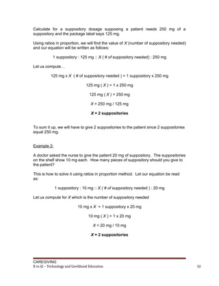 Calculate for a suppository dosage supposing a patient needs 250 mg of a
suppository and the package label says 125 mg.
Using ratios in proportion, we will find the value of X (number of suppository needed)
and our equation will be written as follows:
1 suppository : 125 mg :: X ( # of suppository needed) : 250 mg
Let us compute…
125 mg x X ( # of suppository needed ) = 1 suppository x 250 mg
125 mg ( X ) = 1 x 250 mg
125 mg ( X ) = 250 mg
X = 250 mg / 125 mg
X = 2 suppositories
To sum it up, we will have to give 2 suppositories to the patient since 2 suppositories
equal 250 mg.
Example 2:
A doctor asked the nurse to give the patient 20 mg of suppository. The suppositories
on the shelf show 10 mg each. How many pieces of suppository should you give to
the patient?
This is how to solve it using ratios in proportion method. Let our equation be read
as:
1 suppository : 10 mg :: X ( # of suppository needed ) : 20 mg
Let us compute for X which is the number of suppository needed
10 mg x X = 1 suppository x 20 mg
10 mg ( X ) = 1 x 20 mg
X = 20 mg / 10 mg
X = 2 suppositories
CAREGIVING
K to 12 – Technology and Livelihood Education 52
 
