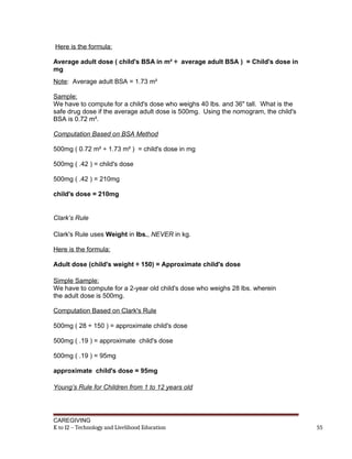 Here is the formula:
Average adult dose ( child's BSA in m² ÷ average adult BSA ) = Child's dose in
mg
Note: Average adult BSA = 1.73 m²
Sample:
We have to compute for a child's dose who weighs 40 lbs. and 36" tall. What is the
safe drug dose if the average adult dose is 500mg. Using the nomogram, the child's
BSA is 0.72 m².
Computation Based on BSA Method
500mg ( 0.72 m² ÷ 1.73 m² ) = child's dose in mg
500mg ( .42 ) = child's dose
500mg ( .42 ) = 210mg
child's dose = 210mg
Clark’s Rule
Clark's Rule uses Weight in lbs., NEVER in kg.
Here is the formula:
Adult dose (child's weight ÷ 150) = Approximate child's dose
Simple Sample:
We have to compute for a 2-year old child's dose who weighs 28 lbs. wherein
the adult dose is 500mg.
Computation Based on Clark's Rule
500mg ( 28 ÷ 150 ) = approximate child's dose
500mg ( .19 ) = approximate child's dose
500mg ( .19 ) = 95mg
approximate child's dose = 95mg
Young’s Rule for Children from 1 to 12 years old
CAREGIVING
K to 12 – Technology and Livelihood Education 55
 