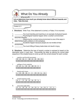 I. Directions: Write True, if the statement is correct, or False, if it is incorrect.
1. __________Too much bending and reaching is an example of physical hazard.
2. __________Psychological hazards happen when a worker’s environment
becomes stressful.
3. __________Observing the nursing home environment is one of the ways in
determining health problems in the workplace.
4. __________Accidents happen because people are not mindful of their
environment.
5. __________Too much lifting of heavy loads does not result in injury.
II. Directions: Determine the type of hazard a worker is exposed to based on the
description given in each item. Unscramble the letter by placing the correct letter
sequence in the shaded boxes to come up with the correct answer for each number.
1. repetitive and forceful movements
R O G I M C E N O
2. spillages of toxic materials
H A L E C M C I
3. bacteria and viruses
L O B G I I O C L A
4. twisted extension cords
H I Y S C A P L
5. stress from night shifts
P C O S Y H O L A G I C L
CAREGIVING
K to 12 – Technology and Livelihood Education 64
What Do You Already
Know?
Let us determine how much you already know about different hazards and
risks. Take this test.
Pretest LO 1
 