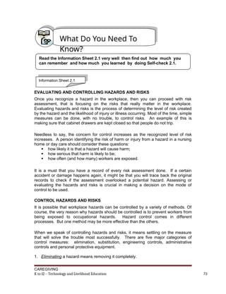EVALUATING AND CONTROLLING HAZARDS AND RISKS
Once you recognize a hazard in the workplace, then you can proceed with risk
assessment, that is focusing on the risks that really matter in the workplace.
Evaluating hazards and risks is the process of determining the level of risk created
by the hazard and the likelihood of injury or illness occurring. Most of the time, simple
measures can be done, with no trouble, to control risks. An example of this is
making sure that cabinet drawers are kept closed so that people do not trip.
Needless to say, the concern for control increases as the recognized level of risk
increases. A person identifying the risk of harm or injury from a hazard in a nursing
home or day care should consider these questions:
 how likely it is that a hazard will cause harm;
 how serious that harm is likely to be;
 how often (and how many) workers are exposed.
It is a must that you have a record of every risk assessment done. If a certain
accident or damage happens again, it might be that you will trace back the original
records to check if the assessment overlooked a potential hazard. Assessing or
evaluating the hazards and risks is crucial in making a decision on the mode of
control to be used.
CONTROL HAZARDS AND RISKS
It is possible that workplace hazards can be controlled by a variety of methods. Of
course, the very reason why hazards should be controlled is to prevent workers from
being exposed to occupational hazards. Hazard control comes in different
processes. But one method may be more effective than the others.
When we speak of controlling hazards and risks, it means settling on the measure
that will solve the trouble most successfully. There are five major categories of
control measures: elimination, substitution, engineering controls, administrative
controls and personal protective equipment.
1. Eliminating a hazard means removing it completely.
CAREGIVING
K to 12 – Technology and Livelihood Education 73
What Do You Need To
Know?
Read the Information Sheet 2.1 very well then find out how much you
can remember and how much you learned by doing Self-check 2.1.
Information Sheet 2.1
 