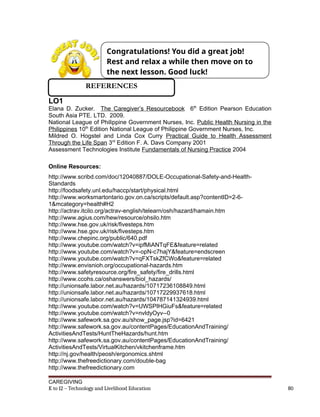 LO1
Elana D. Zucker. The Caregiver’s Resourcebook 6th
Edition Pearson Education
South Asia PTE. LTD. 2009.
National League of Philippine Government Nurses, Inc. Public Health Nursing in the
Philippines 10th
Edition National League of Philippine Government Nurses, Inc.
Mildred O. Hogstel and Linda Cox Curry Practical Guide to Health Assessment
Through the Life Span 3rd
Edition F. A. Davs Company 2001
Assessment Technologies Institute Fundamentals of Nursing Practice 2004
Online Resources:
http://www.scribd.com/doc/12040887/DOLE-Occupational-Safety-and-Health-
Standards
http://foodsafety.unl.edu/haccp/start/physical.html
http://www.worksmartontario.gov.on.ca/scripts/default.asp?contentID=2-6-
1&mcategory=health#H2
http://actrav.itcilo.org/actrav-english/telearn/osh/hazard/hamain.htm
http://www.agius.com/hew/resource/ohsilo.htm
http://www.hse.gov.uk/risk/fivesteps.htm
http://www.hse.gov.uk/risk/fivesteps.htm
http://www.chepinc.org/public/640.pdf
http://www.youtube.com/watch?v=ipfMiANTqFE&feature=related
http://www.youtube.com/watch?v=-opN-c7hajY&feature=endscreen
http://www.youtube.com/watch?v=qFXTskZfCWo&feature=related
http://www.envisnioh.org/occupational-hazards.htm
http://www.safetyresource.org/fire_safety/fire_drills.html
http://www.ccohs.ca/oshanswers/biol_hazards/
http://unionsafe.labor.net.au/hazards/10717236108849.html
http://unionsafe.labor.net.au/hazards/10717229937618.html
http://unionsafe.labor.net.au/hazards/104787141324939.html
http://www.youtube.com/watch?v=UWSPIHGiuFs&feature=related
http://www.youtube.com/watch?v=nvldyOyv--0
http://www.safework.sa.gov.au/show_page.jsp?id=6421
http://www.safework.sa.gov.au/contentPages/EducationAndTraining/
ActivitiesAndTests/HuntTheHazards/hunt.htm
http://www.safework.sa.gov.au/contentPages/EducationAndTraining/
ActivitiesAndTests/VirtualKitchen/vkitchenframe.htm
http://nj.gov/health/peosh/ergonomics.shtml
http://www.thefreedictionary.com/double-bag
http://www.thefreedictionary.com
CAREGIVING
K to 12 – Technology and Livelihood Education 80
Congratulations! You did a great job!
Rest and relax a while then move on to
the next lesson. Good luck!
REFERENCES
 