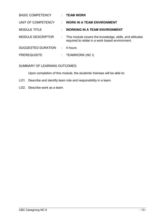 BASIC COMPETENCY : TEAM WORK 
UNIT OF COMPETENCY : WORK IN A TEAM ENVIRONMENT 
MODULE TITLE : WORKING IN A TEAM ENVIRONMENT 
MODULE DESCRIPTOR : This module covers the knowledge, skills, and attitudes 
required to relate in a work based environment. 
SUGGESTED DURATION : 4 hours 
PREREQUISITE : TEAMWORK (NC I) 
SUMMARY OF LEARNING OUTCOMES: 
Upon completion of this module, the students/ trainees will be able to: 
LO1. Describe and identify team role and responsibility in a team. 
LO2. Describe work as a team. 
CBC Caregiving NC II - 13 - 
 