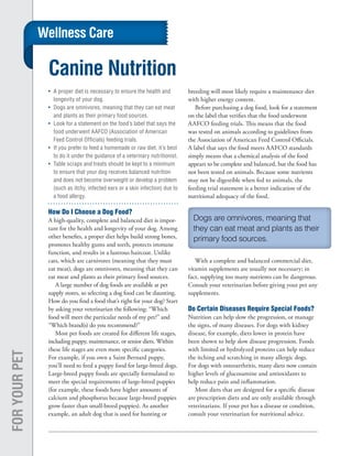 Wellness Care

                Canine Nutrition
                •	 A proper diet is necessary to ensure the health and         breeding will most likely require a maintenance diet
                   longevity of your dog.                                      with higher energy content.
                •	 Dogs are omnivores, meaning that they can eat meat             Before purchasing a dog food, look for a statement
                   and plants as their primary food sources.                   on the label that verifies that the food underwent
                •	 Look for a statement on the food’s label that says the      AAFCO feeding trials. This means that the food
                   food underwent AAFCO (Association of American               was tested on animals according to guidelines from
                   Feed Control Officials) feeding trials.                     the Association of American Feed Control Officials.
                •	 If you prefer to feed a homemade or raw diet, it’s best     A label that says the food meets AAFCO standards
                   to do it under the guidance of a veterinary nutritionist.   simply means that a chemical analysis of the food
                •	 Table scraps and treats should be kept to a minimum         appears to be complete and balanced, but the food has
                   to ensure that your dog receives balanced nutrition         not been tested on animals. Because some nutrients
                   and does not become overweight or develop a problem         may not be digestible when fed to animals, the
                   (such as itchy, infected ears or a skin infection) due to   feeding trial statement is a better indication of the
                   a food allergy.                                             nutritional adequacy of the food.

                How Do I Choose a Dog Food?
                A high-quality, complete and balanced diet is impor-
                tant for the health and longevity of your dog. Among
                other benefits, a proper diet helps build strong bones,
                promotes healthy gums and teeth, protects immune
                function, and results in a lustrous haircoat. Unlike
                cats, which are carnivores (meaning that they must                With a complete and balanced commercial diet,
                eat meat), dogs are omnivores, meaning that they can           vitamin supplements are usually not necessary; in
                eat meat and plants as their primary food sources.             fact, supplying too many nutrients can be dangerous.
                   A large number of dog foods are available at pet            Consult your veterinarian before giving your pet any
                supply stores, so selecting a dog food can be daunting.        supplements.
                How do you find a food that’s right for your dog? Start
                by asking your veterinarian the following: “Which              Do Certain Diseases Require Special Foods?
                food will meet the particular needs of my pet?” and            Nutrition can help slow the progression, or manage
                “Which brand(s) do you recommend?”                             the signs, of many diseases. For dogs with kidney
                   Most pet foods are created for different life stages,       disease, for example, diets lower in protein have
                including puppy, maintenance, or senior diets. Within          been shown to help slow disease progression. Foods
                these life stages are even more specific categories.           with limited or hydrolyzed proteins can help reduce
FOR YOUR PeT




                For example, if you own a Saint Bernard puppy,                 the itching and scratching in many allergic dogs.
                you’ll need to feed a puppy food for large-breed dogs.         For dogs with osteoarthritis, many diets now contain
                Large-breed puppy foods are specially formulated to            higher levels of glucosamine and antioxidants to
                meet the special requirements of large-breed puppies           help reduce pain and inflammation.
                (for example, these foods have higher amounts of                  Most diets that are designed for a specific disease
                calcium and phosphorus because large-breed puppies             are prescription diets and are only available through
                grow faster than small-breed puppies). As another              veterinarians. If your pet has a disease or condition,
                example, an adult dog that is used for hunting or              consult your veterinarian for nutritional advice.
 