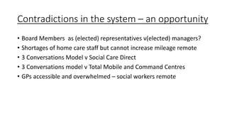 Contradictions in the system – an opportunity
• Board Members as (elected) representatives v(elected) managers?
• Shortages of home care staff but cannot increase mileage remote
• 3 Conversations Model v Social Care Direct
• 3 Conversations model v Total Mobile and Command Centres
• GPs accessible and overwhelmed – social workers remote
 