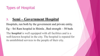 Types of Hospital
3. Semi – Government Hospital
Hospitals, run both by the government and private entity.
Eg – Sri Ram hospital in Shimla , Bed strength – 50 beds
The hospital is well equipped with all facilities and is a
well-known hospital in the city. The hospital is reputed for
its uninhibited services to the people of their city.
 