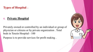 Types of Hospital :-
4. Private Hospital
Privately owned or controlled by an individual or group of
physician or citizens or by private organization . Total
beds in Tenzin Hospital - 100
Purpose is to provide services for profit making .
 