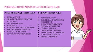 PERSONAL DEPARTMENTS OF ACUTE HEALTH CARE
PROFESSIONAL SERVICES
 MEDICAL STAFF
 PRIVATE OR GROUP PRACTICE
PHYSICIANS
 NURSING SERVICES
 PHARMACY
 PHARMACISTS AND TECHNICIANS
 REHABILITATION SERVICES
 PHYSICAL THERAPISTS
 OCCUPATIONAL THERAPISTS
SUPPORT SERVICES
 ADMINISTRATION
 BIOMEDICAL ENGINEERING
DEPARTMENT
 BUSINESS DEPARTMENTS
 DIETARY DEPARTMENT
 CENTRAL SERVICE
 LABORATORY LAUNDRY
 ENVIRONMENTAL SERVICES
 VOLUNTEER SERVICES
 MEDICAL RECORDS
 