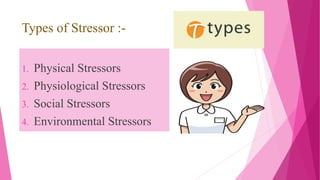 Types of Stressor :-
1. Physical Stressors
2. Physiological Stressors
3. Social Stressors
4. Environmental Stressors
 