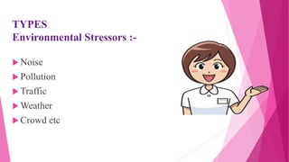 TYPES
Environmental Stressors :-
 Noise
 Pollution
 Traffic
 Weather
 Crowd etc
 