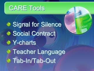 CARE Tools

 Signal for Silence
 Social Contract
 Y-charts
 Teacher Language
 Tab-In/Tab-Out
 