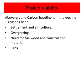 Project Viability
Above ground Carbon baseline is in the decline
  reasons been
• Settlement and agriculture.
• Overgrazing
• Need for fuelwood and construction
    material
• Fires
 