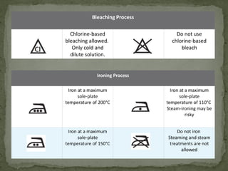 Bleaching Process
Chlorine-based
bleaching allowed.
Only cold and
dilute solution.
Do not use
chlorine-based
bleach
Ironing Process
Iron at a maximum
sole-plate
temperature of 200°C
Iron at a maximum
sole-plate
temperature of 110°C
Steam-ironing may be
risky
Iron at a maximum
sole-plate
temperature of 150°C
Do not iron
Steaming and steam
treatments are not
allowed
 
