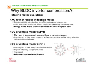 CONTROL SYSTEM WITH DC INVERTER TECHNOLOGY



  Why BLDC inverter compressors?
   Electric motor evolution:

 • AC asynchronous induction motor
       Both compatible with standard on-off technology and inverter use
       Good performances only for motors developed specifically for inverter use
       Energy waste due to the need to create the rotor magnetic field


 • DC brushless motor (SPM)
       The rotor is a permanent magnet, there is no energy waste
       The magnets of SPM motors need to be fixed on the rotor surface using adhesive,
       high speed is not allowed


 • DC brushless motor (IPM)
       The magnets of SPM motors are inside the rotor
       Highest efficiency and performances
       High speed
       Requires a top level BLDC inverter


Biagio Lamanna - Application Competence Centre, Carel Industries srl
 