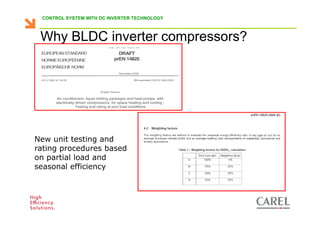 CONTROL SYSTEM WITH DC INVERTER TECHNOLOGY



    Why BLDC inverter compressors?




 New unit testing and
 rating procedures based
 on partial load and
 seasonal efficiency



Biagio Lamanna - Application Competence Centre, Carel Industries srl
 