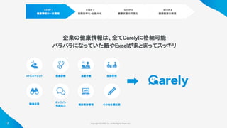 Copyright ©iCARE Co.,Ltd All Rights Reserved. 
12
企業の健康情報は、全てCarelyに格納可能 
バラバラになっていた紙やExcelがまとまってスッキリ 
健康診断  過重労働  面談管理 
職場巡視 
オンライン 
相談窓口  その他各種記録  
健診受診管理  
ストレスチェック  
STEP 1
健康情報の一元管理
STEP 2
業務効率化・仕組み化
STEP 3
健康状態の可視化
STEP 4
健康経営の実現
 