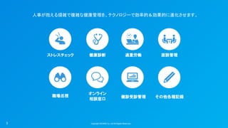 Copyright ©iCARE Co.,Ltd All Rights Reserved. 
健康診断  過重労働  面談管理 
職場巡視 
オンライン 
相談窓口 
その他各種記録 
健診受診管理 
ストレスチェック 
人事が抱える煩雑で複雑な健康管理を、テクノロジーで効率的＆効果的に進化させます。  
3
 