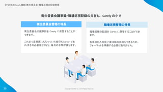 Copyright ©iCARE Co.,Ltd All Rights Reserved. 
衛生委員会管理の特長 
衛生委員会管理の特長 
【その他のCarely機能】衛生委員会・職場巡視の記録管理
 
衛生委員会の議事録を Carely に保管することが
できます。 
 
これまで産業医にもらっていた捺印もCarely であ
ればその必要はなくなり、毎月の手間が減ります。  
衛生委員会管理の特長 
職場巡視の記録を Carely に保管することができ
ます。 
 
各項目を入力完了後は紙の出力もできるため、
フォーマットを準備する必要はありません。  
職場巡視管理の特長 
衛生委員会議事録・職場巡視記録の共有も、 Carely の中で
30
 