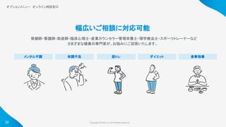 Copyright ©iCARE Co.,Ltd All Rights Reserved. 
オプションメニュー　オンライン相談窓口
 
メンタル不調 
幅広いご相談に対応可能
　保健師・看護師・助産師・臨床心理士・産業カウンセラー管理栄養士・理学療法士・スポーツトレーナーなど
さまざまな健康の専門家が、お悩みにご回答いたします。
体調不良  筋トレ  ダイエット  食事指導 
32
 