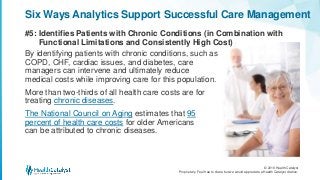 © 2016 Health Catalyst
Proprietary. Feel free to share but we would appreciate a Health Catalyst citation.
#5: Identifies Patients with Chronic Conditions (in Combination with
Functional Limitations and Consistently High Cost)
Six Ways Analytics Support Successful Care Management
By identifying patients with chronic conditions, such as
COPD, CHF, cardiac issues, and diabetes, care
managers can intervene and ultimately reduce
medical costs while improving care for this population.
More than two-thirds of all health care costs are for
treating chronic diseases.
The National Council on Aging estimates that 95
percent of health care costs for older Americans
can be attributed to chronic diseases.
 
