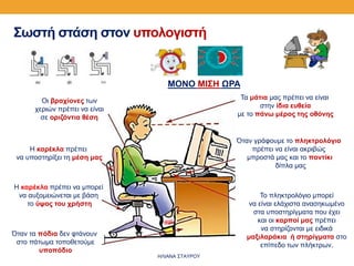 Σωστή στάση στον υπολογιστή
Οι βραχίονες των
χεριών πρέπει να είναι
σε οριζόντια θέση
Η καρέκλα πρέπει
να υποστηρίξει τη μέση μας
Η καρέκλα πρέπει να μπορεί
να αυξομειώνεται με βάση
το ύψος του χρήστη
Όταν τα πόδια δεν φτάνουν
στο πάτωμα τοποθετούμε
υποπόδιο
Τα μάτια μας πρέπει να είναι
στην ίδια ευθεία
με το πάνω μέρος της οθόνης
Όταν γράφουμε το πληκτρολόγιο
πρέπει να είναι ακριβώς
μπροστά μας και το ποντίκι
δίπλα μας
Το πληκτρολόγιο μπορεί
να είναι ελάχιστα ανασηκωμένο
στα υποστηρίγματα που έχει
και οι καρποί μας πρέπει
να στηρίζονται με ειδικά
μαξιλαράκια ή στηρίγματα στο
επίπεδο των πλήκτρων.
ΜΟΝΟ ΜΙΣΗ ΩΡΑ
ΗΛΙΑΝΑ ΣΤΑΥΡΟΥ
 